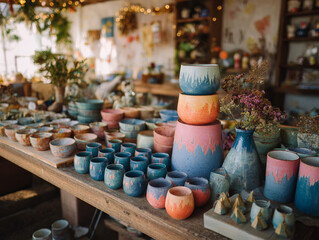 A handcrafted pottery market with vibrant ceramics