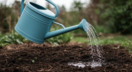Fototapeta premium Blue watering can irrigates dark soil.