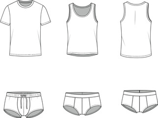 Men’s underwear and innerwear flat sketch, t-shirt, tank top, briefs, front and back view, vector template, fashion design, line art