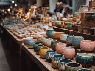 A handcrafted pottery market with vibrant ceramics