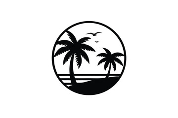 Obraz premium Sunset Silhouette with Palm Tree and Seagull Graphic Design Illustration