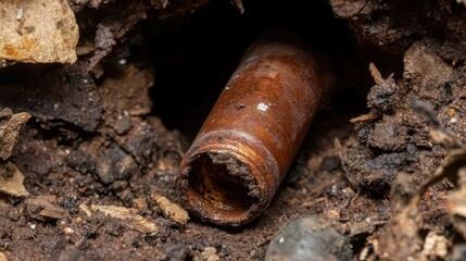 Fototapeta premium Rusty Metal Tube Half-Buried in Dark Soil and Organic Matter