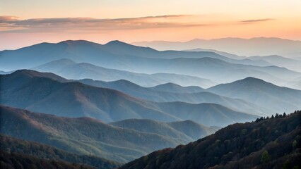 Fototapeta premium Mountain Majesty: An awe-inspiring panorama of rolling mountain ranges, bathed in the soft hues of dawn, a testament to nature's grand design. 