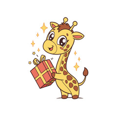 A charming cartoon baby giraffe with big eyes is happily holding a red gift box, surrounded by golden sparkles.