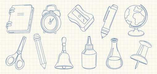 Set of hand drawn school supplies icons. Notebook, globe, bell, pen, scissors, glue, lab flask, pushpin, alarm clock, pencil. Perfect for education designs, planners, and back to school projects.