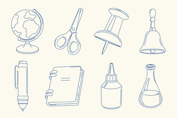 Obraz premium Set of hand drawn school supplies icons. Notebook, globe, bell, pen, scissors, glue, lab flask, pushpin. Perfect for education designs, planners, and back to school projects.