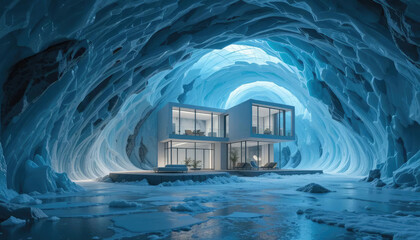 Modern duplex house inside a hollowed-out glacier, glowing ice ceiling, light shafts, hyperreal polar design, 8K