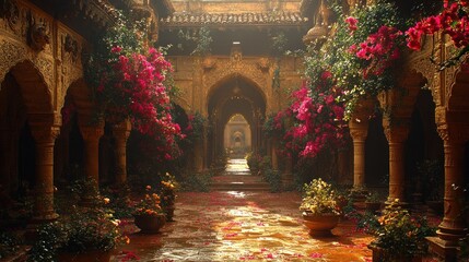 Sunlit courtyard with arched colonnades and vibrant bougainvillea