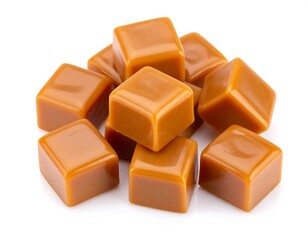 Caramel squares piled on white background