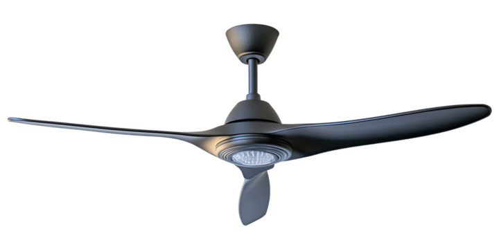 Contemporary ceiling fan with elegant wooden blades and black mount isolated on white transparent background