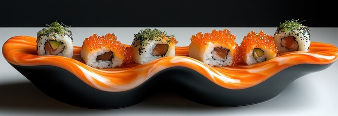 Sushi rolls with orange roe and sesame seeds on a wavy orange and black plate