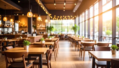 Bright, modern cafe interior with many tables