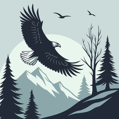 Vector illustration of a winter forest with flying bird silhouettes