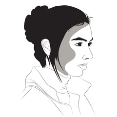 A minimalist black and white vector illustration of a woman in profile. Her hair is styled in a bun, with grey shading on her face, creating a modern portrait.

