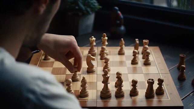 Man overlooks a chess board with wooden pieces, contemplating his next strategy