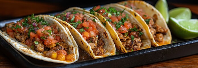 Tacos on a dark platter with lime wedges