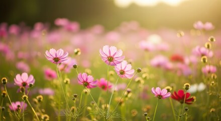 Fototapeta premium Vibrant Field of Pink Cosmos Flowers Bathed in Golden Sunlight