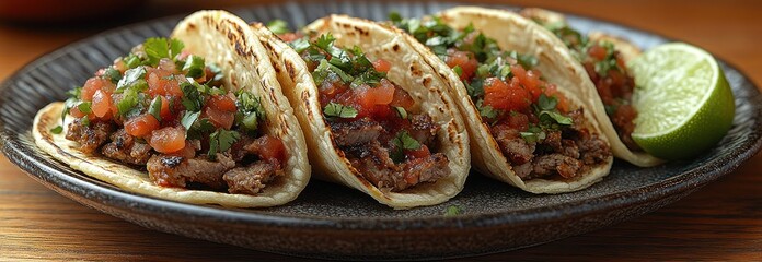 Tacos on a plate with a lime wedge