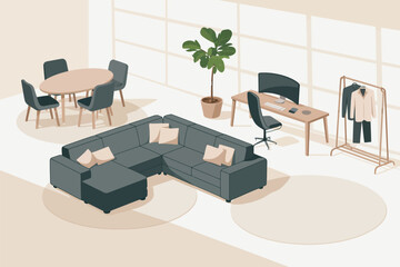 Fototapeta premium Top view of a living space with a sofa, table, chairs, desk, plant and clothes rack in a bright room