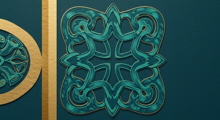 Teal and gold Celtic knotwork on dark teal background