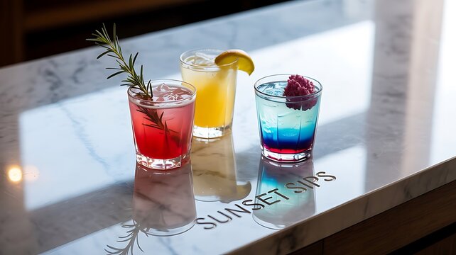 Three colorful cocktails on a marble table with rosemary and lemon garnish