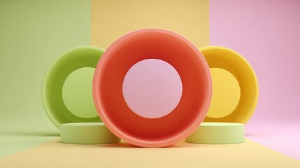 Colorful circular plate designs against a vibrant pastel background for stylish dining.
