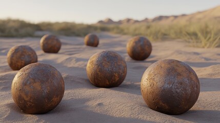 Rusty Spheres on Sandy Ground with a Desert Landscape in Background