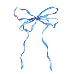 A thin blue ribbon tied in a bow is hand-drawn. The watercolor illustration is isolated on a white background. Decorative festive element. Clipart.