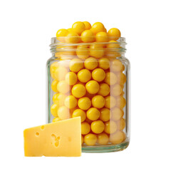 Colorful yellow candy balls stacked in a glass jar next to a piece of cheese on a white background