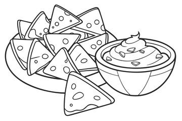 Coloring Pages, cartoon nachos with dip bowl, colorless, uncolored, black and white for coloring book, coloring page, kids