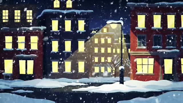 Snowy street view with illuminated windows and a street lamp at nighttime in winter