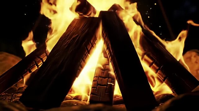 Dark wood logs burning bright, a flickering campfire scene against a stark black night
