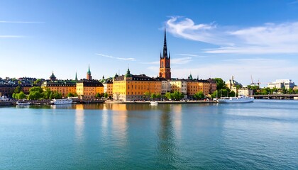 Fototapeta premium Panoramic view of Stockholm's Old Town reflecting on calm water