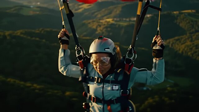 Skydiver mid-air wearing a helmet and goggles over a forested landscape with red parachute