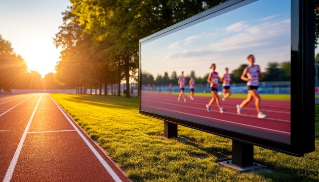 A digital billboard displays runners on a track during sunset. The scene features a running track, green grass, and a clear sky.
