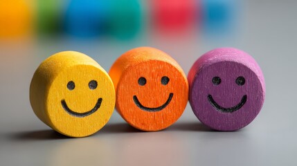 Colorful smiley face tokens on a neutral background, representing joy and positivity.