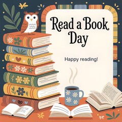 Cheerful "Read a Book Day" Card with Owl, Stack of Books, and Mug
