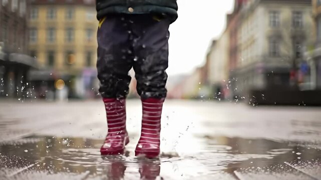 Child in striped boots jumps in a puddle on an old town square with blurred backdrop