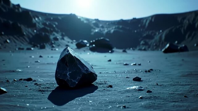 Large angular rock sits on a desolate, bluish lunar-esque surface under a bright light
