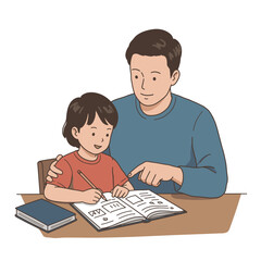 A man is helping a child with homework at a table with a book and pencil