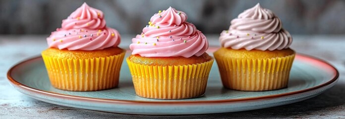 Three cupcakes with pink and purple frosting on a plate