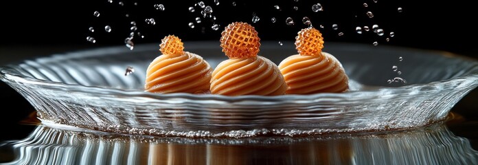 Three elegant orange desserts topped with honeycomb and drizzled with water
