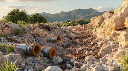 Scenic View of Construction Site with Pipes and Rocky Terrain