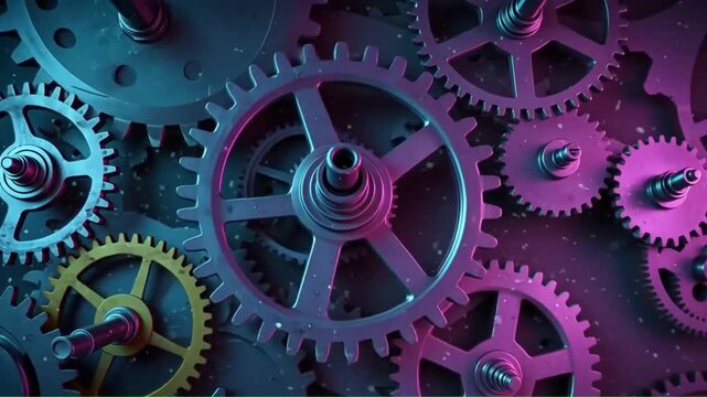 Interlocking gears illuminated by blue and pink light