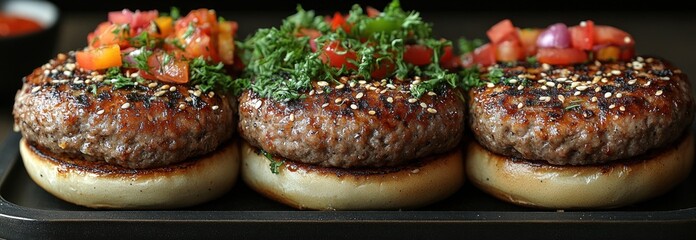 Three juicy burgers on buns topped with fresh salsa and parsley