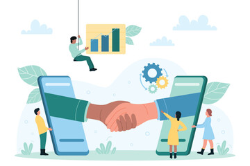 Obraz premium Partnership and deal, handshake of business people vector illustration. Cartoon partners from screen of mobile phones shake hands, tiny people holding finance graph to work with company contract
