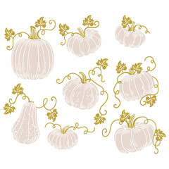 Set of original hand-drawn illustrations of autumn Halloween pumpkins in a minimalist style. for posters, cards, and graphic design.