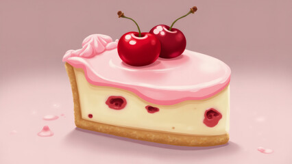 Illustration of a slice of cherry cheesecake on pink background