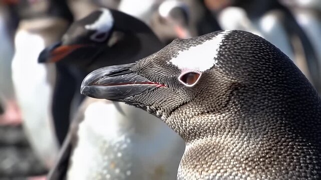 Close-up of a gentoo penguin head with black feathers and a white patch