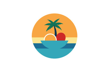 Fototapeta premium Tropical Sunset Banner with Palm Tree Silhouette and Fruit Salad Bowl